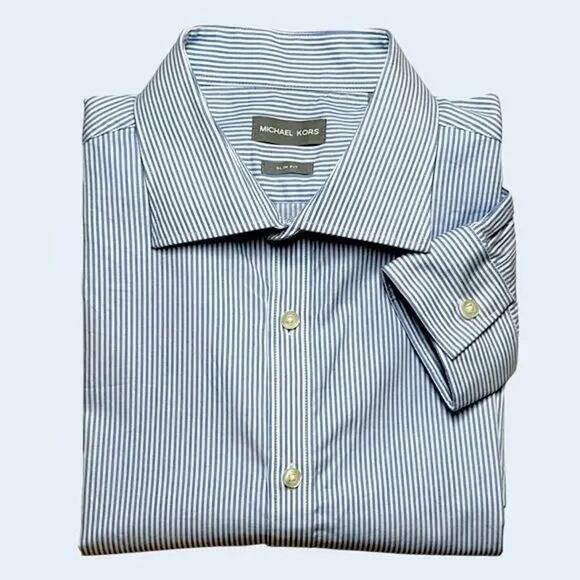 MICHAEL KORS COLLECTION Blue Pinstripe Dress Shirt Slim Office Work XL 17 34/35 - Picture 1 of 10